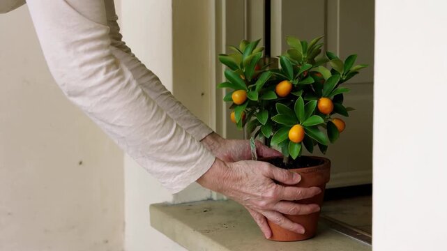 Hands Placing Kumquat Plant Pot By Home Doorway