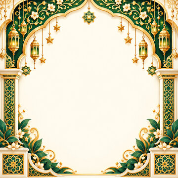 Elegant Islamic Arch Frame With Golden Lanterns And Floral Decoration Background