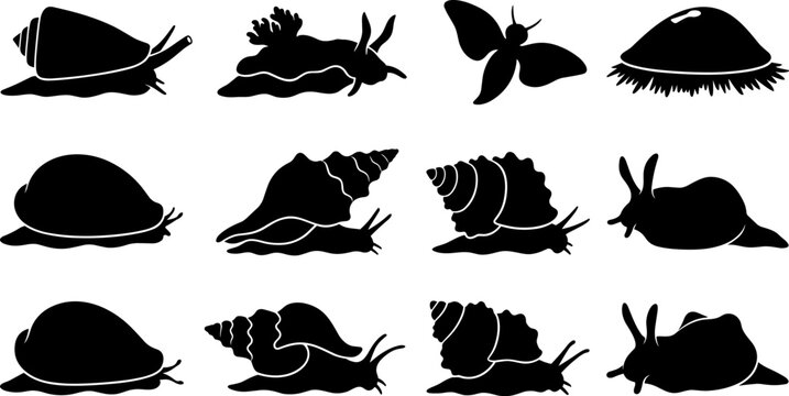Collection of black silhouette land snails, sea slugs, and marine mollusks isolated on white background