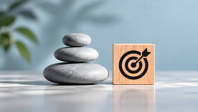 A stack of smooth zen stones positioned beside a wooden block with a target icon, representing the alignment of focus, goal setting, and professional clarity.
