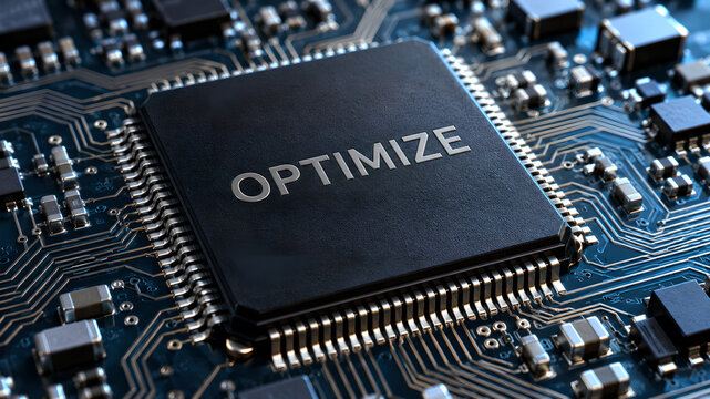 Closeup of a computer chip with the word optimize printed on it, showcasing modern technology