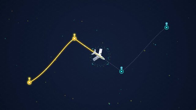 Airplane flight path tracker showing trajectory route with waypoints on dark sky vector illustration