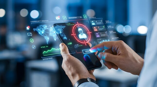 Hands holding smartphone with digital holographic interface showing user verification data analytics