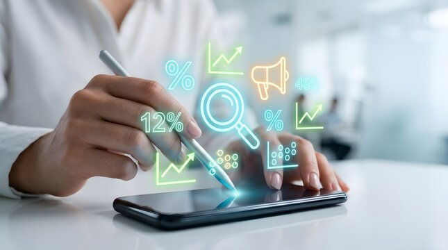 Person using stylus on smartphone with glowing digital marketing icons and data
