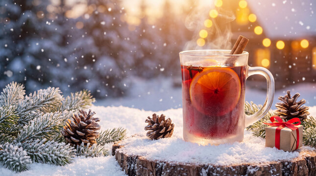 A glass mug of steaming mulled wine with cinnamon sits on a snowy stump at sunset, a warm festive Christmas winter holiday drink for celebration advertising.