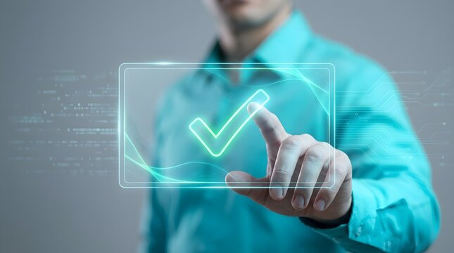 Man touching glowing check mark hologram on digital interface for business approval