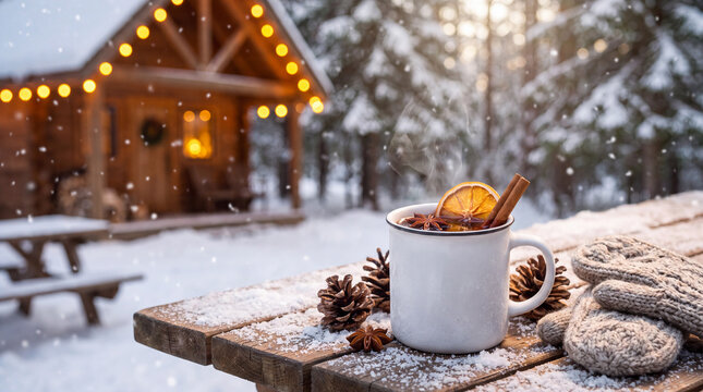 A white ceramic mug of warm mulled wine with orange and cloves rests on a snowy picnic table, a cozy festive Christmas winter holiday drink for marketing.