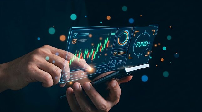 Hands touching digital fund interface with financial stock market charts on smartphone