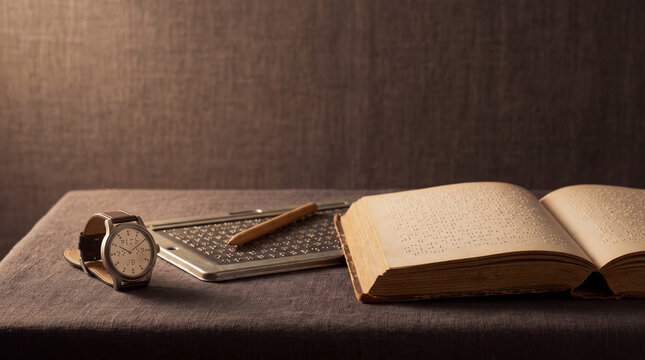 Braille watch, slate and open book on dark linen express World Braille Day awareness for blind and visually impaired dignity, inclusion and support.