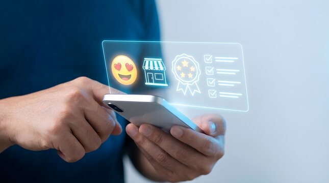 Person holding smartphone displaying glowing digital customer feedback icons and store interface
