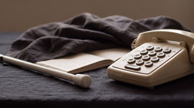 Tactile phone, braille book and cane tip on dark linen illustrate World Braille Day awareness for visually impaired accessibility and inclusion support.