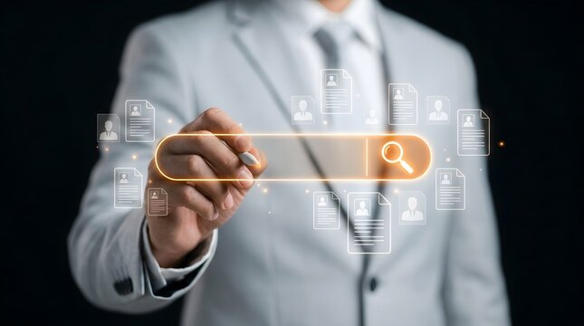 Businessman interacting with digital search bar and virtual resume icons on screen
