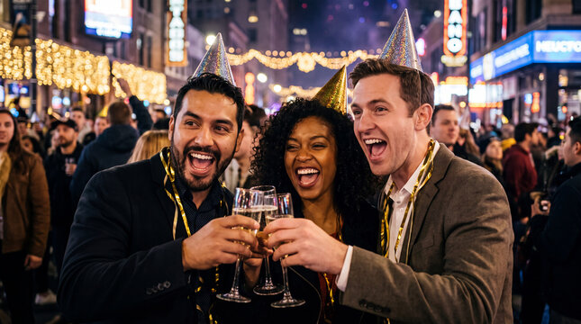 Friends clink champagne glasses at a New Year's Eve city night party celebration, perfect for happy festive marketing.