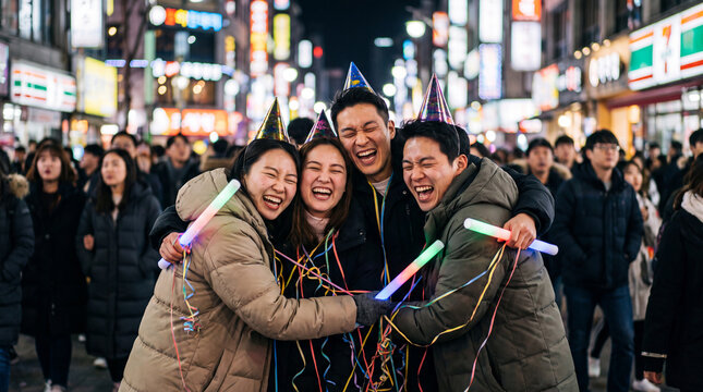 Friends share a group hug with streamers at a New Year's Eve city night party, great for happy celebration marketing.