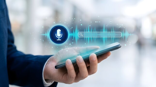Hand holding smartphone with voice search interface and blue digital sound wave