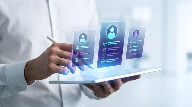Professional reviewing digital candidate profiles with stylus on tablet