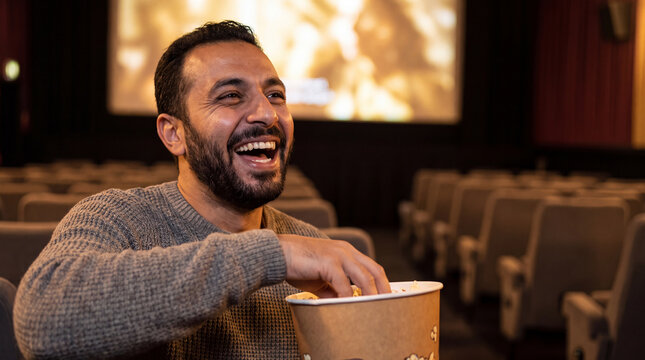 A happy man enjoys popcorn while watching a movie at the cinema on National Popcorn Day, great for snack marketing.