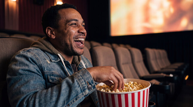 A happy man eats popcorn while watching a movie at the cinema on National Popcorn Day, perfect for entertainment marketing.