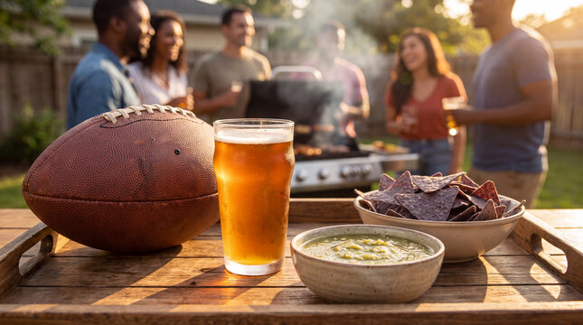 Football, beer and salsa verde blue corn chips on a tray celebrate Big Game party snacks in a backyard family gathering.
