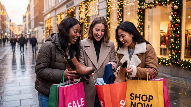Three playful women showing new clothes and shoes from shopping bags on a city street for holiday marketing.