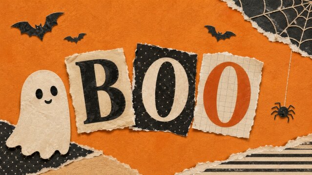 Halloween ransom note style collage spelling BOO in cut out magazine paper letters, with friendly ghost, bats and spider on orange background. Cute spooky holiday decor