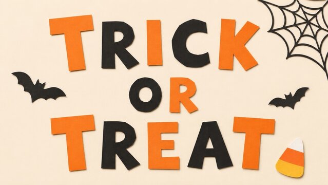 Halloween trick or treat message in ransom note style collage with cut out paper letters, black bats, spider web and candy corn on cream background. Seasonal party decor