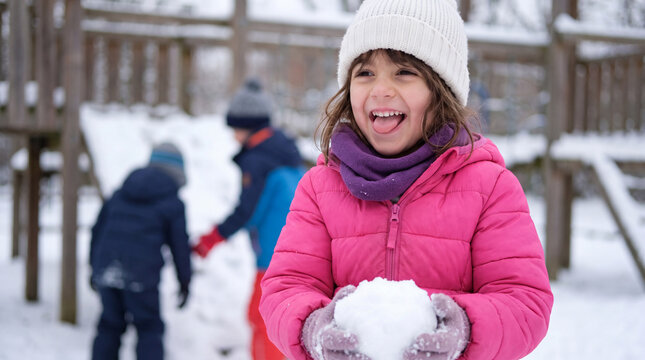 Mediterranean child holding a small snowball in pink coat and white hat, laughing playfully at a snowy playground for winter social media posts.