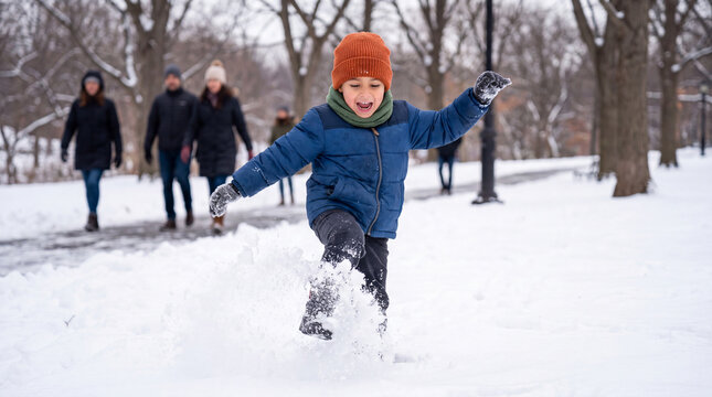 Latino child stomping deep snow in blue coat and orange hat, laughing with arms swinging in a snowy park for energetic winter banners.