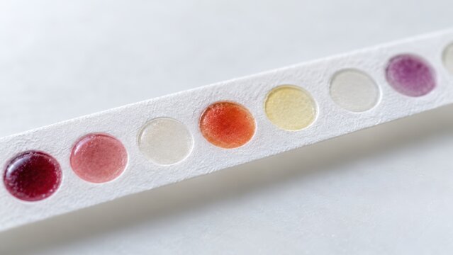 Close up of a food intolerance test strip with colored reaction wells showing different sensitivity results