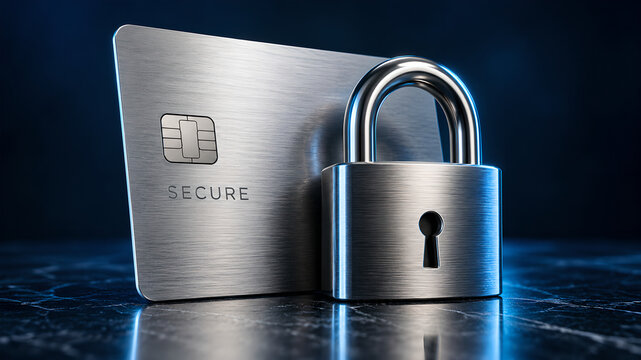 Metal credit card with secure lock symbolizing financial security and protection against fraud