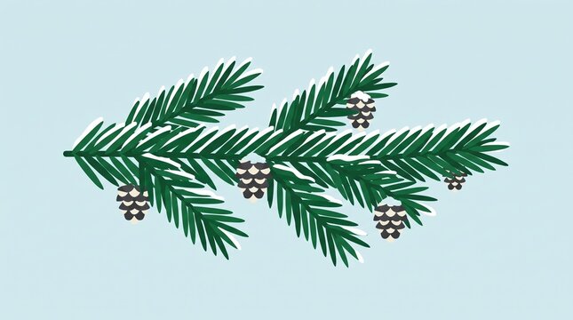 Pine branch vector illustration with snow and pinecones for winter holiday design features stylized green needles, white snow accents, and brown cones on a light blue background.