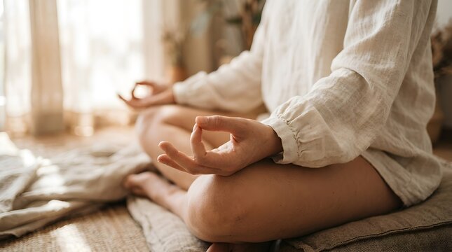Woman meditating in a peaceful home setting, practicing yoga and mindfulness for inner calm and wellness