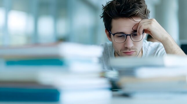 Tired male student in glasses feeling stressed and exhausted while studying hard behind piles of books during exam preparation