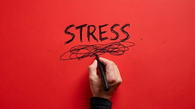 Hand writing the word stress with black marker on bright red background concept of anxiety mental health and pressure