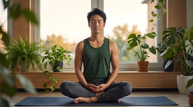 Asian man meditating in lotus position on yoga mat at home surrounded by green houseplants near window