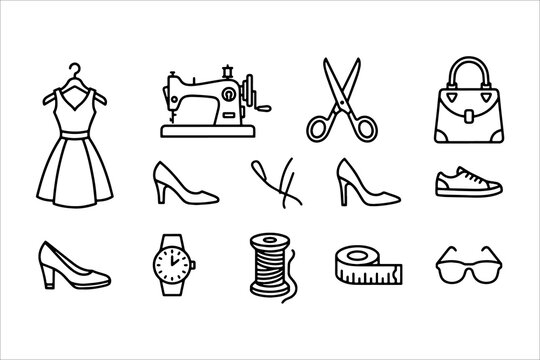 Minimalist fashion and sewing tools flat icon set illustration