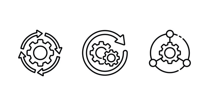 gear icons showing different process flow and automation concepts with arrows and interconnected nodes