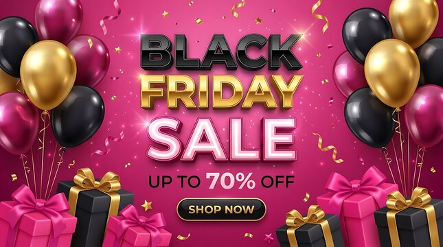 Black friday sale banner with people shopping and golden balloons