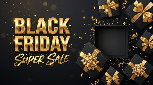 Black friday super sale banner with gift boxes and bows on dark background