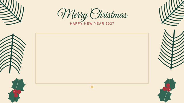 Christmas and Happy New Year 2027 invitation with botanical frame, pine branches and calligraphy on cream background, preserving blank information space for seasonal gatherings and event details.
