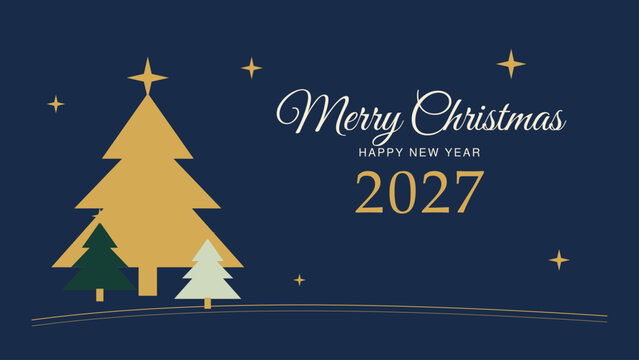 Christmas and Happy New Year 2027 greeting with gold tree silhouettes, ivory calligraphy and navy background, combining seasonal typography with stars and curved rules for festive greeting card.
