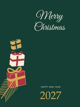Christmas and Happy New Year 2027 retail canvas with stacked gifts and gold ribbon on green background, combining vertical calligraphy and lettering with open copy space for holiday promotions.