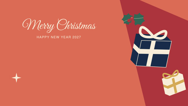 Christmas and Happy New Year 2027 retail background with navy gifts, ivory ribbon and coral diagonal display, preserving open copy space beneath calligraphic greeting for seasonal advertising.
