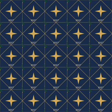 Christmas and New Year 2027 seamless pattern with gold stars, navy diamonds and geometric tree motifs, creating vector wrapping paper with repeating seasonal lettering and holiday tile rhythm.