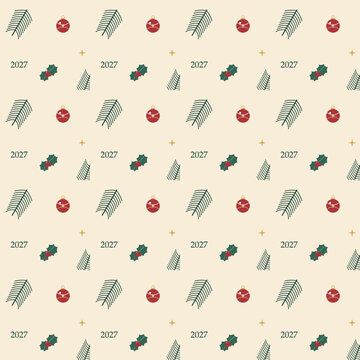 Christmas and New Year 2027 seamless pattern with pine, red ornaments and holly on cream background, creating botanical vector wrapping paper with repeated seasonal motifs and small gold star accents.
