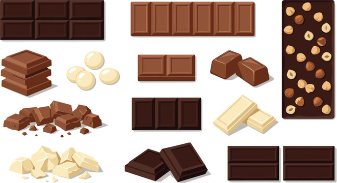 &bull; Chocolate vector illustration set featuring dark milk and white candy bars chunks truffles cocoa blocks and whole hazelnut toppings isolated on white