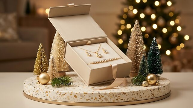 Elegant gift box with jewelry set displayed on a snowy base with christmas trees