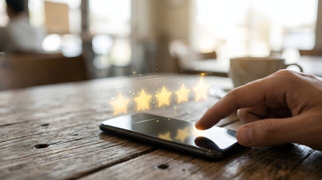 Hand pointing at smartphone with glowing five star rating hologram online review feedback concept