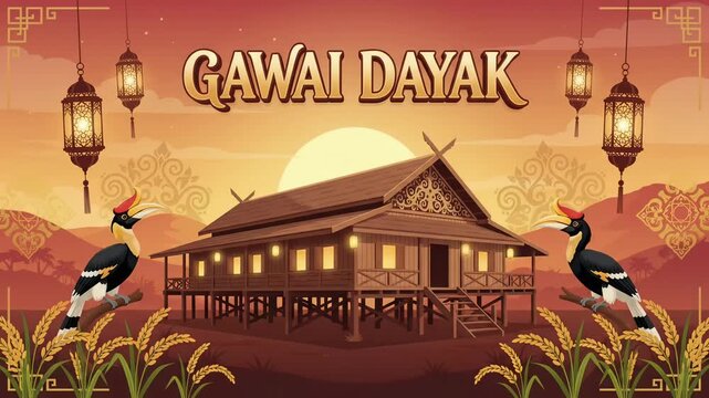 Gawai Dayak Harvest Festival Sarawak Longhouse Hornbill Rice Paddy Sunset 2D Animation Motion Graphic Loop
