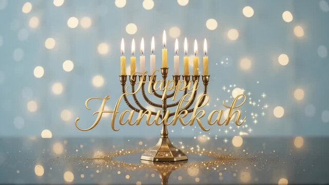 Happy Hanukkah golden menorah lit candles glowing bokeh lights Jewish festival holiday celebration 3d render loop
